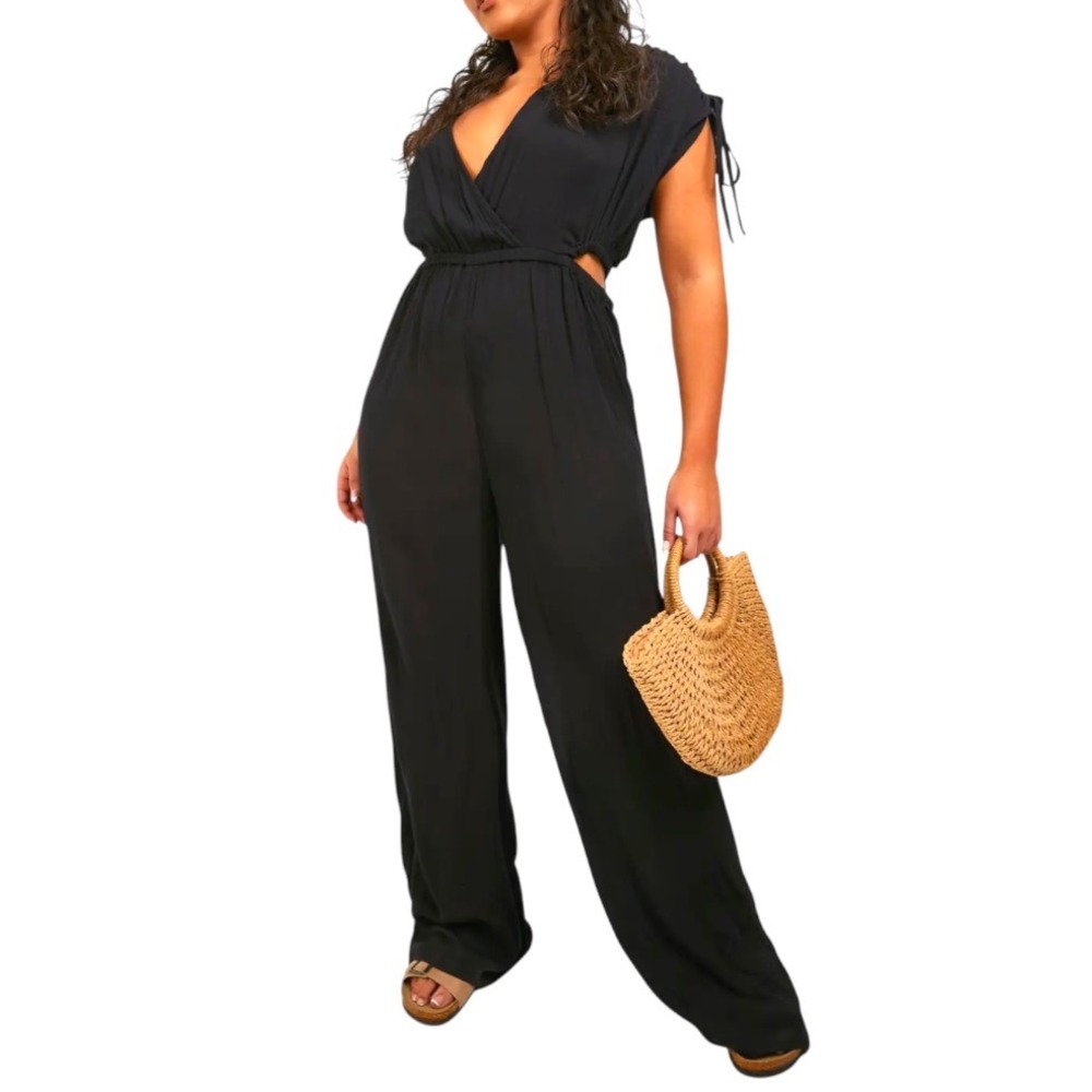 NWT Boohoo Plus Gathered Tie Sleeve WIDE LEG JUMPSUIT Cut-Out Sides V-Neck US-22